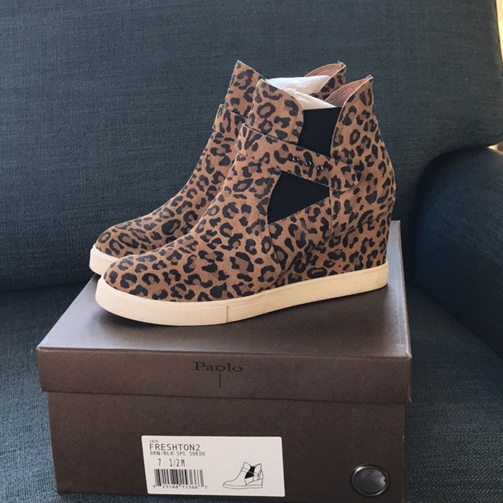 Linea Paolo Wedge Sneaker 7.5 Freshton Leopard Shoes Bootie Leather Heel